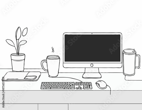 Minimalist Line Art Illustration of Desktop Computer Setup with Monitor, Keyboard, Mouse and Coffee Cup for Productivity Blog Header.