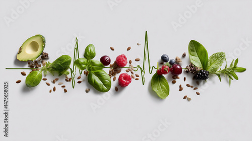 Healthy lifestyle heartbeat made of superfoods
