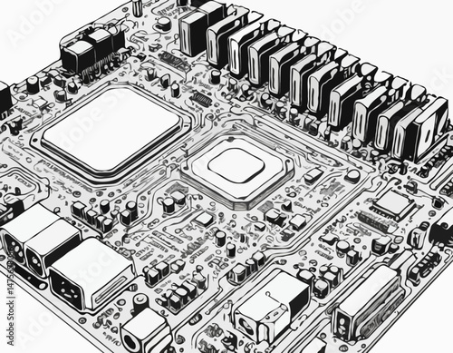 Detailed Line Art Motherboard Circuit Board Diagram for Computer Engineering Textbook or Educational Material on Hardware Components.