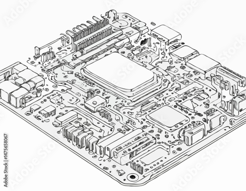 Detailed Line Art Motherboard Circuit Board Diagram for Computer Engineering Textbook or Educational Material on Hardware Components.
