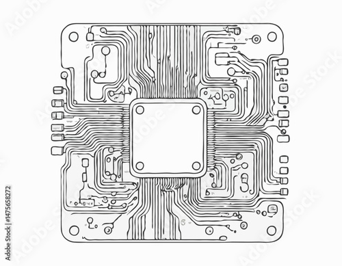 Stylized Line Graphic of a Computer Chip Microprocessor, Representing Artificial Intelligence, Machine Learning and Advanced Computing Concepts.