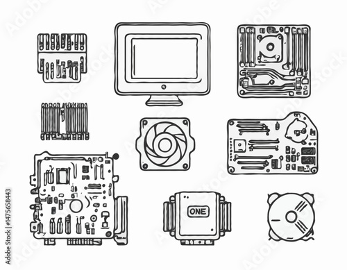 Simple Line Icon Set of Computer Hardware Components, Including CPU, GPU, RAM, Hard Drive for Infographics, Tech Support Website and User Manuals.