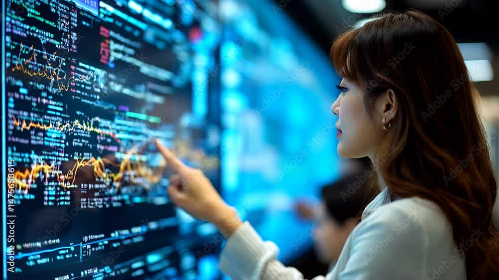 Intriguing Data Analyst: Woman Navigates Futuristic Tech Interface Intriguing Data Analyst: Woman Navigates Futuristic Tech Interface