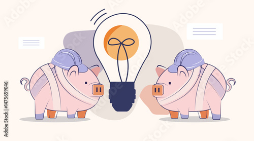Piggy banks trade war tariffs war concept injured pigs facing lightbulb symbolizing economic crisis financial downturn pastel background website banner