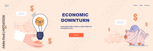 Economic downturn crisis financial recession concept piggy bank with bandages construction background lightbulb dollar signs pastel colors website banner