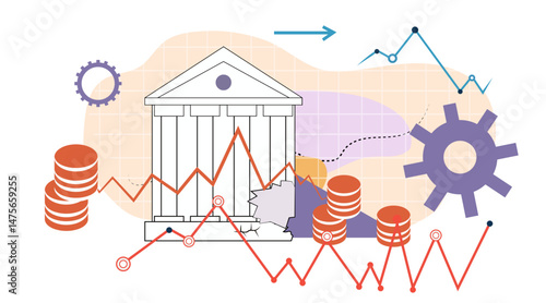 Bank financial crisis trade war recession concept coins declining graph broken building gears abstract background modern website banner