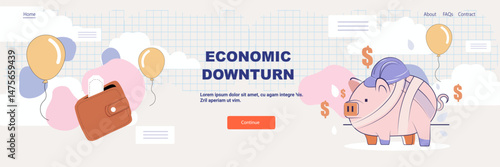 Economic downturn crisis piggy bank wallet financial loss concept with bandaged pig balloons dollar signs pastel colors website banner