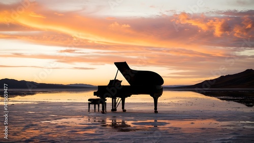 Fototapeta Naklejka Na Ścianę i Meble -  A grand piano sits alone on a salt flat, silhouetted against a stunning sunset sky. The soft light and reflective surface of the water create a sense of serenity and mystery