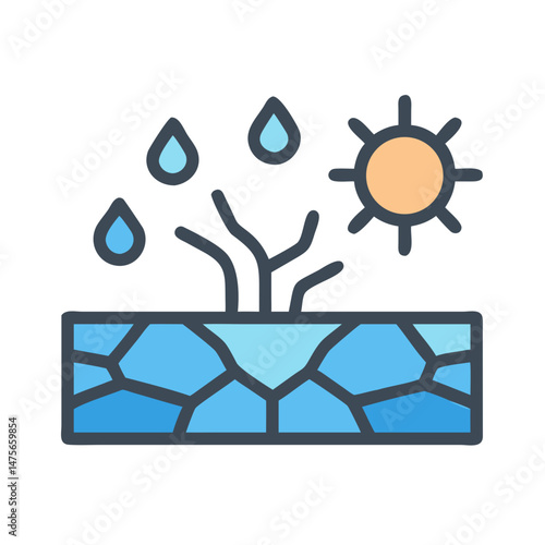 Drought Icon: Dry Land, Sun, and Raindrops Illustration