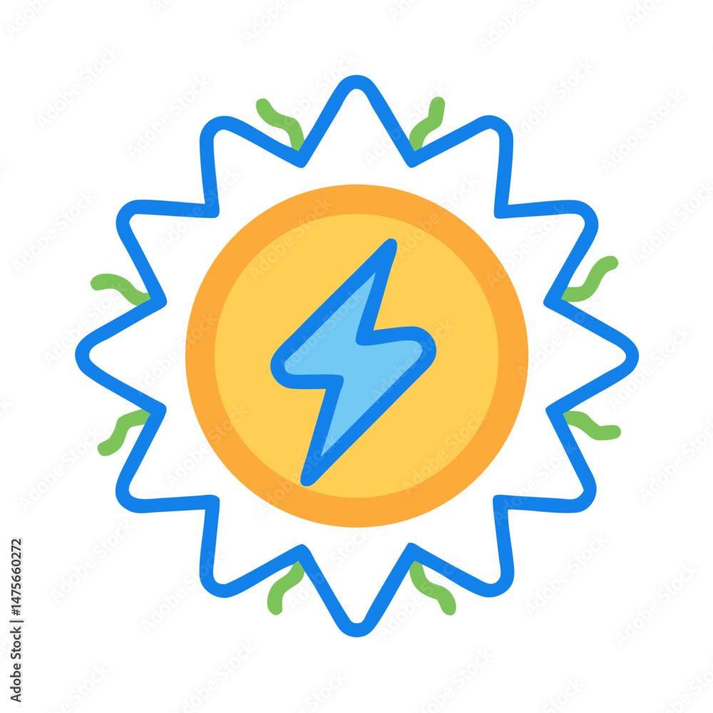 Renewable energy symbol with sun and thunderbolt icon Renewable energy symbol with sun and thunderbolt icon