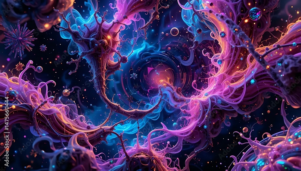 Abstract pink and orange swirls with floating orbs evoke a sense of surreal, cosmic wonder Abstract pink and orange swirls with floating orbs evoke a sense of surreal, cosmic wonder