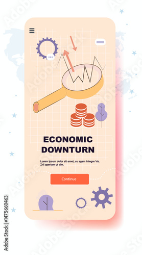 Economic downturn trade war tariffs war recession crisis magnifying glass declining graph coins gears arrows abstract background mobile app screen