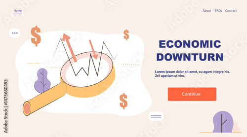 Economic downturn crisis recession financial chart falling arrows magnifying glass dollar signs abstract background landing page template