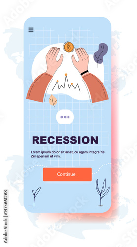 Recession economic crisis trade war concept hands holding coin declining graph abstract plants blue background mobile app screen template