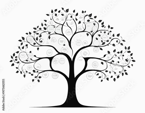 Detailed Line Art Family Tree with Blank Spaces for Names, Perfect for Genealogy Projects, Family History, and Personalized Gifts.