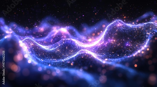 Abstract Blue Purple Glowing Wave Background - Futuristic Dark Theme Digital Art for Tech Presentations, Data Visualization, or Metaverse Concepts