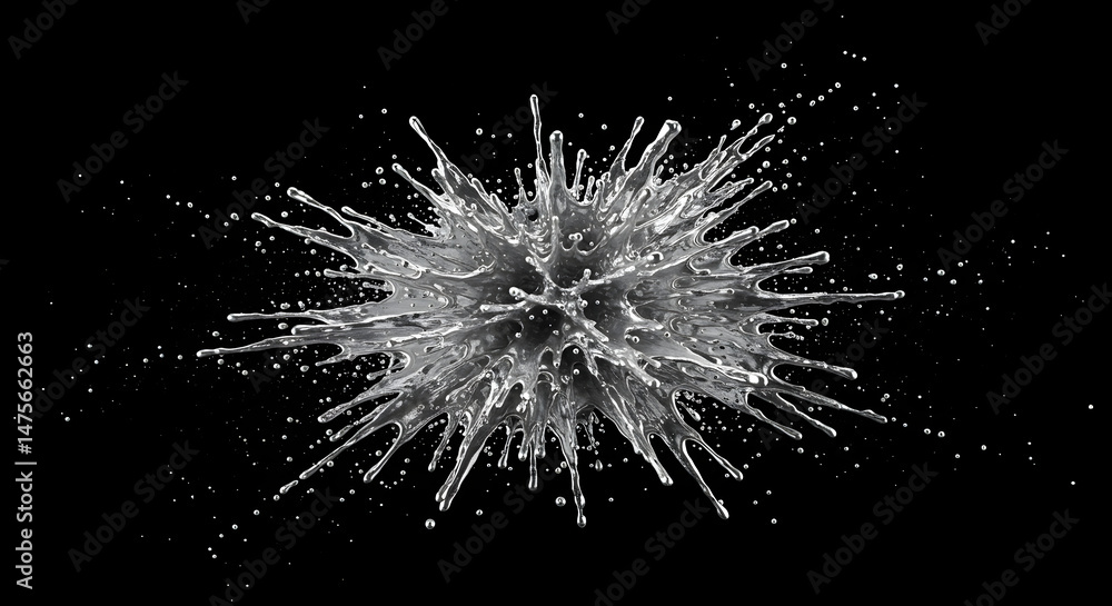 Fototapeta premium Silver Liquid Burst on Black Background Abstract Visualization Concept