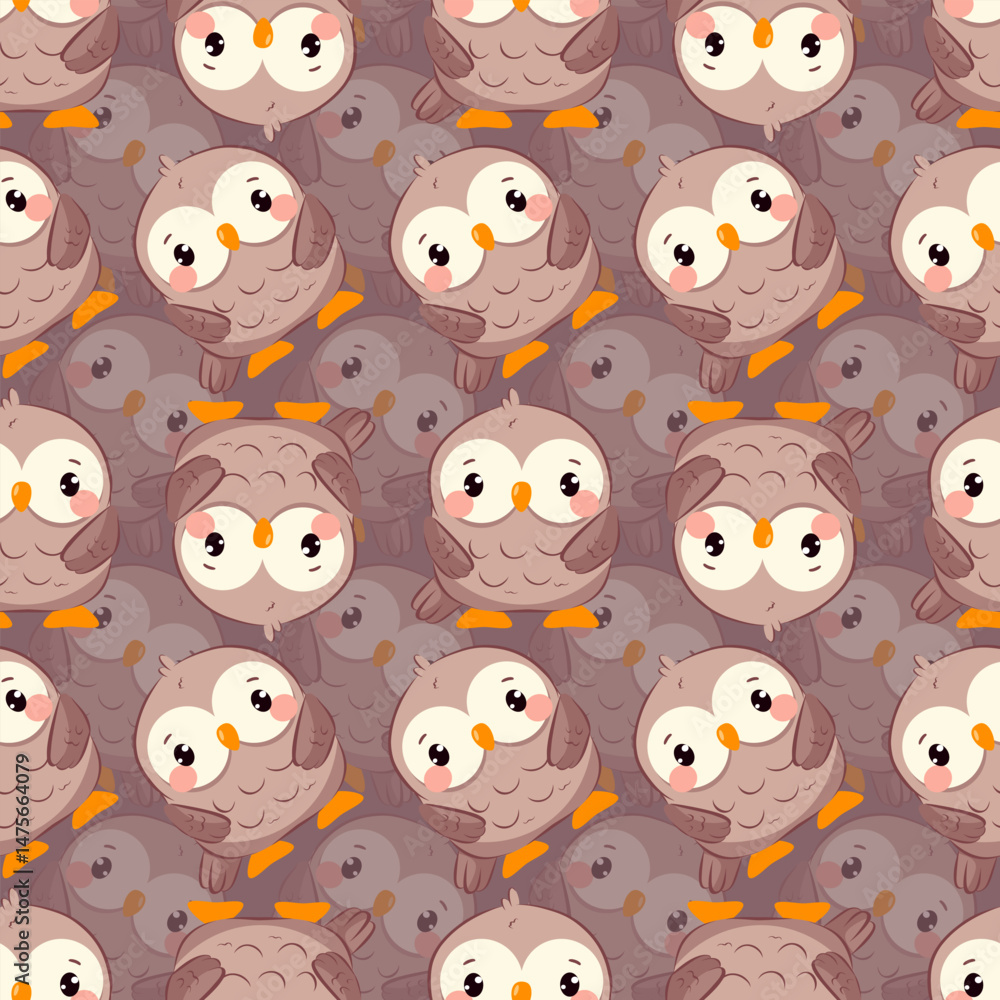 Seamless pattern with kawaii owls multifaceted in brown colors. Cute cartoon chibi birds. Charming vector illustration for kids, kids room decor, textiles and wrapping paper Seamless pattern with kawaii owls multifaceted in brown colors. Cute cartoon chibi birds. Charming vector illustration for kids, kids room decor, textiles and wrapping paper
