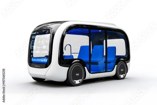 A futuristic white and black autonomous shuttle bus with blue seats on a white background studio shot