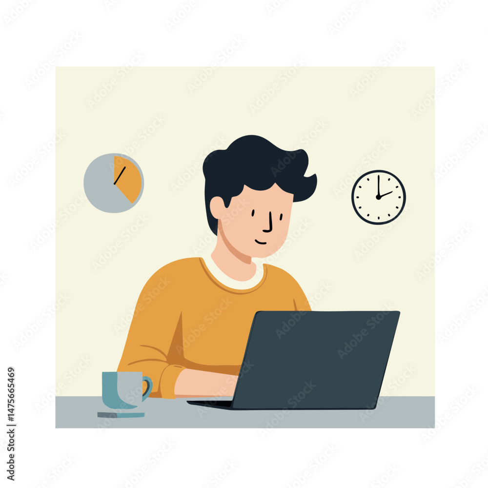 Young man working or studying on laptop at desk with coffee mug and clock icons, flat vector illustration for remote work, freelance, or time management concepts Young man working or studying on laptop at desk with coffee mug and clock icons, flat vector illustration for remote work, freelance, or time management concepts