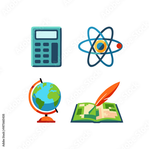Set of four science and education icons including calculator, atom symbol, globe, and book with quill pen, flat vector illustration for learning subjects