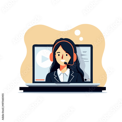 Female customer service agent with headset on laptop screen, vector illustration for online support, virtual assistant, helpdesk, or remote communication