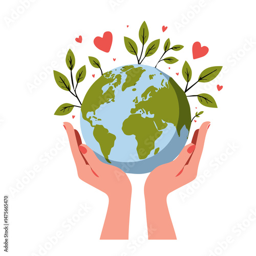 Hands holding planet Earth with green leaves and hearts, vector illustration symbolizing love, care, environmental protection, sustainability, and ecology concept