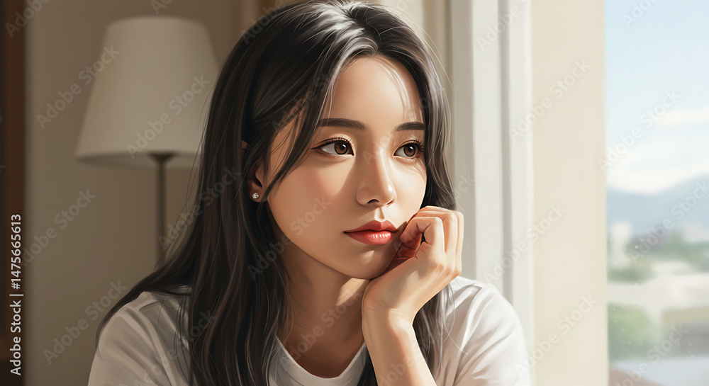 Woman Contemplating: A Soft, Sunlit Portrait Woman Contemplating: A Soft, Sunlit Portrait