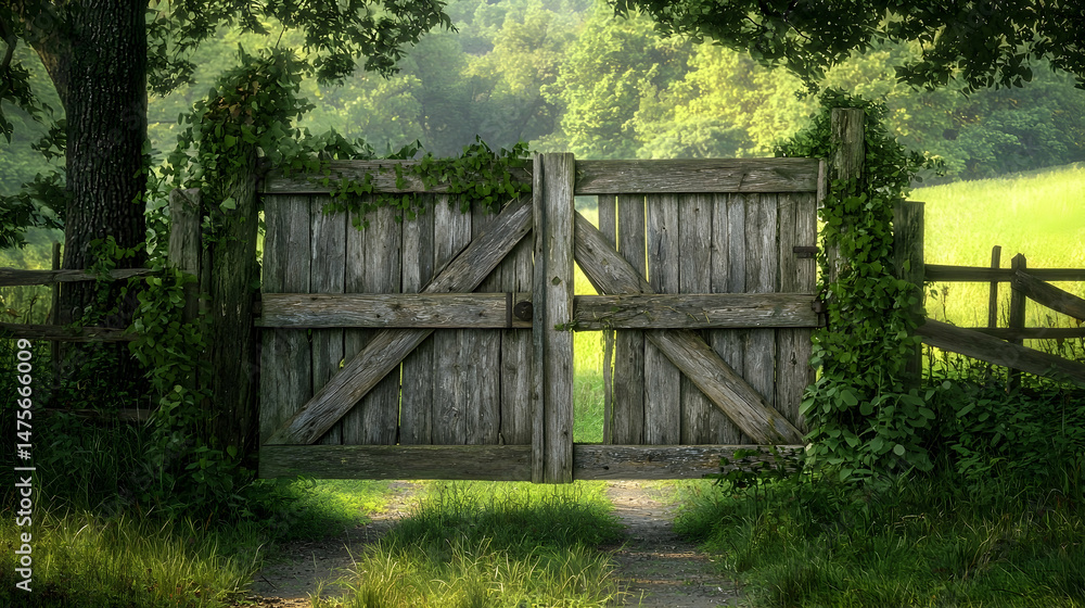 Rustic wooden gate ajar in a sun-dappled field, idyllic rural scene, perfect for travel or fantasy backgrounds Rustic wooden gate ajar in a sun-dappled field, idyllic rural scene, perfect for travel or fantasy backgrounds