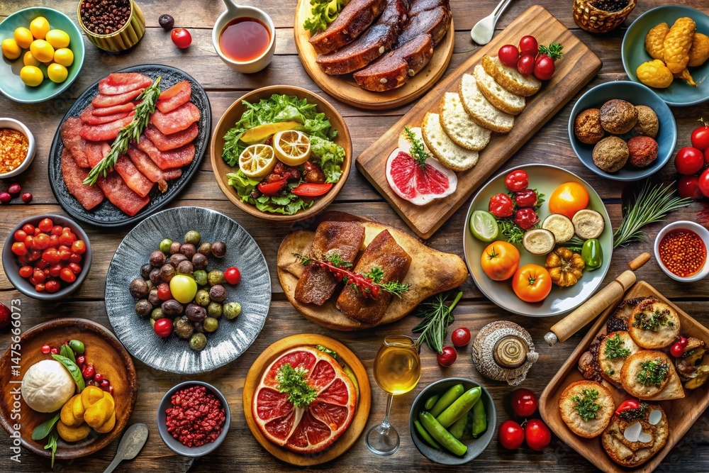 Abundant Feast: A Delicious Spread of Meat, Fruit, and Desserts Abundant Feast: A Delicious Spread of Meat, Fruit, and Desserts