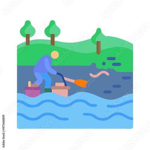 Man cleaning a polluted river with a tool
