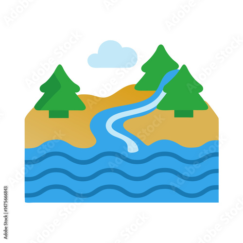 Cartoon River Landscape with Trees and Single Cloud