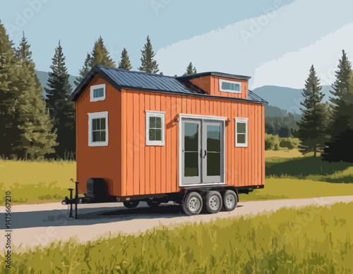 Detailed Vector Illustration of a Tiny Home on Wheels, Emphasizing Sustainable Living and Minimalist Design, Perfect for Eco-Friendly Lifestyle Blogs and Off-Grid Living Articles.