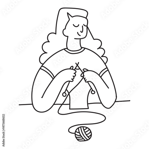 Knitting girl with knitting needles doodle illustration. Emblem with character for knitting club. Hobby logo in funny doodle style.