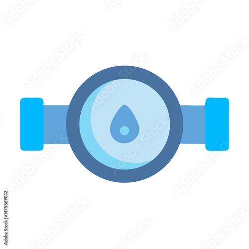 Blue water meter icon with pipeline on black background