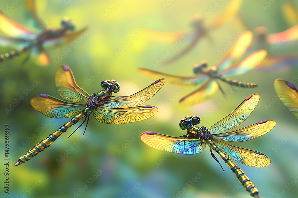 Colorful dragonflies fluttering in a vibrant garden, showcasing nature's beauty and tranquility Colorful dragonflies fluttering in a vibrant garden, showcasing nature's beauty and tranquility