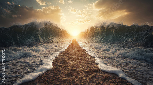 A dramatic scene depicting the parting of the sea, with giant waves separating to form a canal. Bright hopeful light shines at the end of the passage, symbolizing the biblical miracle of Moses parting
