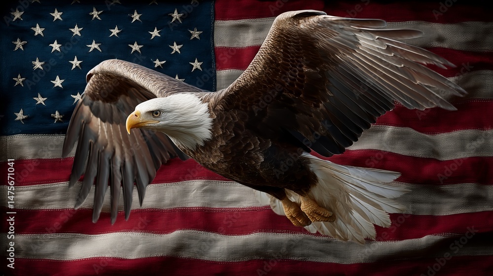 Naklejka premium Eagle Soaring Over American Flag