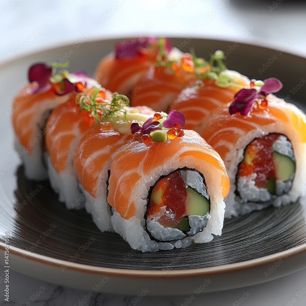 Delicious Japanese Sushi Roll with Fresh Fish and Colorful Toppings Delicious Japanese Sushi Roll with Fresh Fish and Colorful Toppings