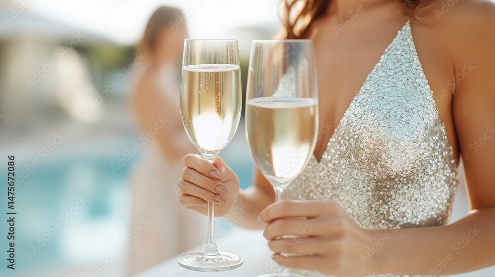 Elegant Celebration with Sparkling Champagne Glasses at a Poolside Party Under the Sun with Beautifully Dressed Women in Background Elegant Celebration with Sparkling Champagne Glasses at a Poolside Party Under the Sun with Beautifully Dressed Women in Background