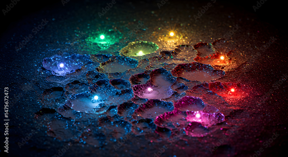 Obraz premium Prismatic Puddles Reflecting Light In A Dark Environment With Mysterious Glow