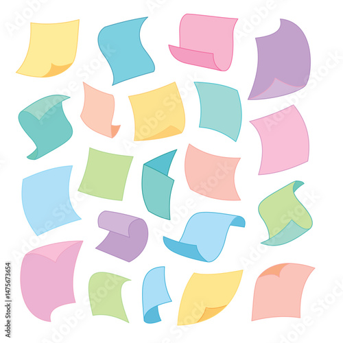 Colorful curled paper sheet flying with wind blow. Cartoon vector illustration of floating in air empty curved document pages. Mockup of scattered flying note. pink, green, yellow, blue and purple.