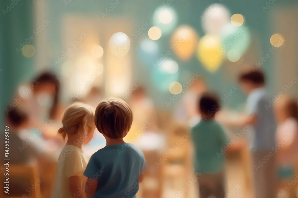 Fototapeta premium Children Watching Birthday Party with Colorful Balloons in Background