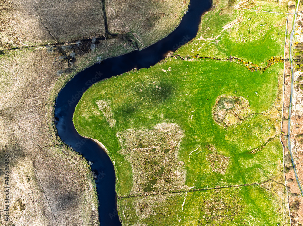 Top Down over Farms and River Dochart and Road A85 from a drone, Perthshire, Scotland, UK