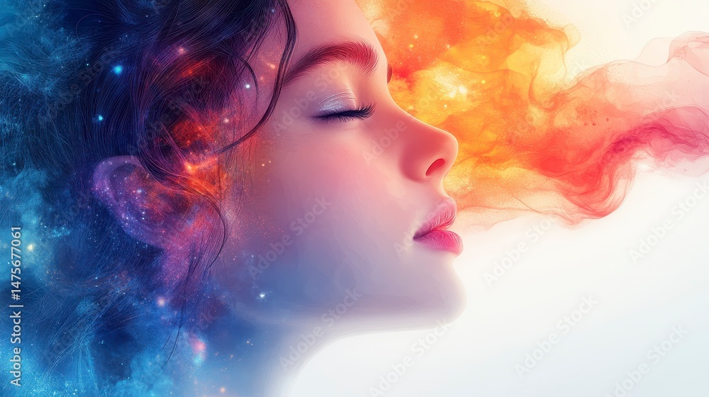 Serene woman with cosmic elements swirling around her, eyes closed in peaceful expression Serene woman with cosmic elements swirling around her, eyes closed in peaceful expression