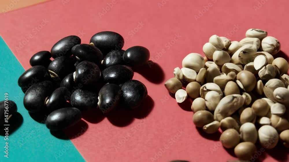 Assorted dry beans and spices arranged on a split teal and red surface, showcasing different varieties, textures, and colors in a studio setting. Assorted dry beans and spices arranged on a split teal and red surface, showcasing different varieties, textures, and colors in a studio setting.