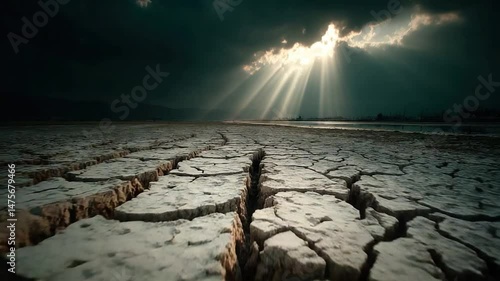 Cracked earth landscape under dramatic sky