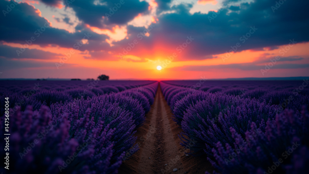 Fototapeta premium Velvet Purple Lavender Field Under Dramatic Sunset, Ethereal Light