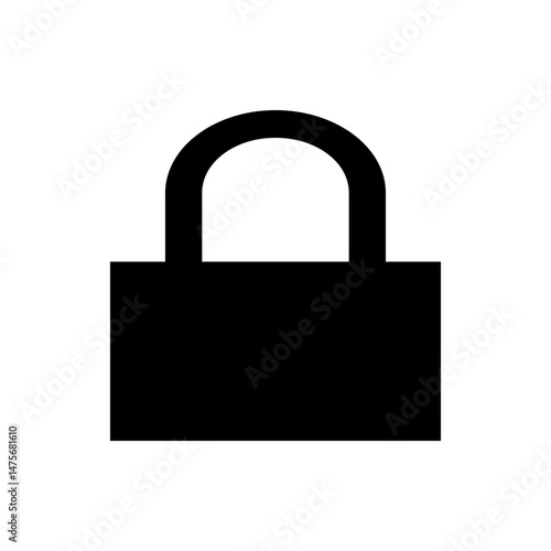 Illustration of a solid black padlock with a rounded shackle on a white background security concept
