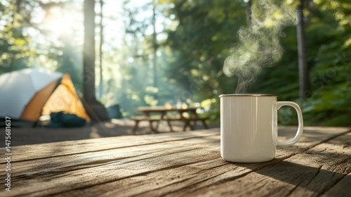 Steaming Coffee Mug on Wooden Table in Tranquil Forest Camp Setting with Tent and Sunlight Filtering Through Trees